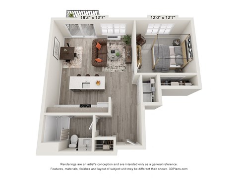 Floor plan for 1 bed, 1 bath, 668 sqft